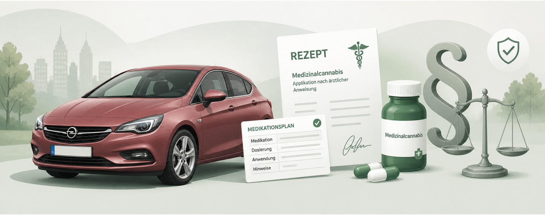 Illustration zu Medizinalcannabis, Autofahren, Rezept, Medikationsplan und Fahrerlaubnisrecht